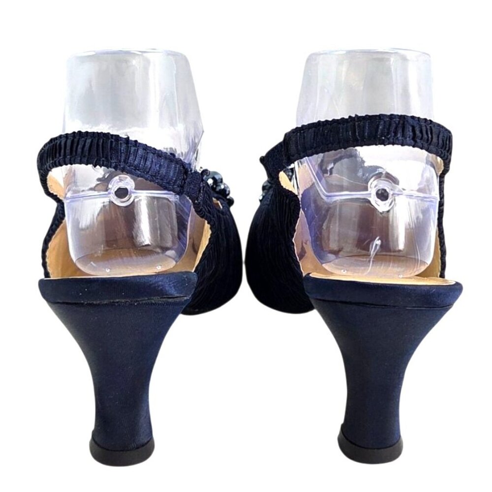 Whittall & Shon Navy Blue Ruched Velvet Embellished Slingback Heels Size 10 - Picture 4 of 10